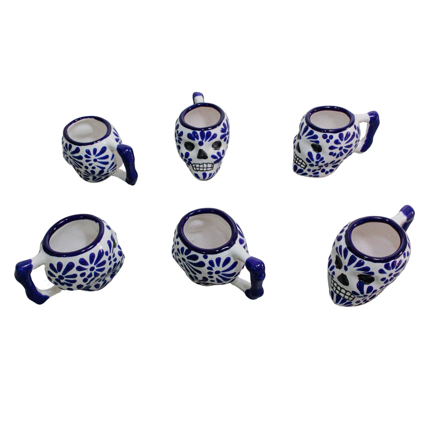 Set de 6 Tequileros de talavera con forma de calavera con asa