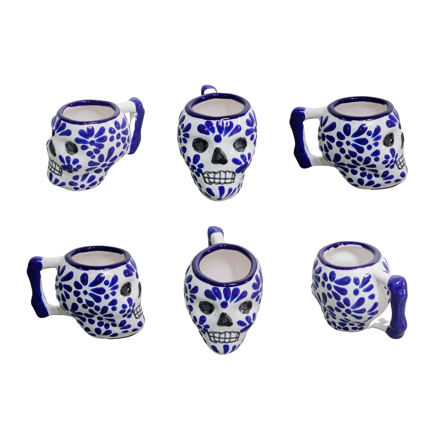 Set de 6 Tequileros de talavera con forma de calavera con asa