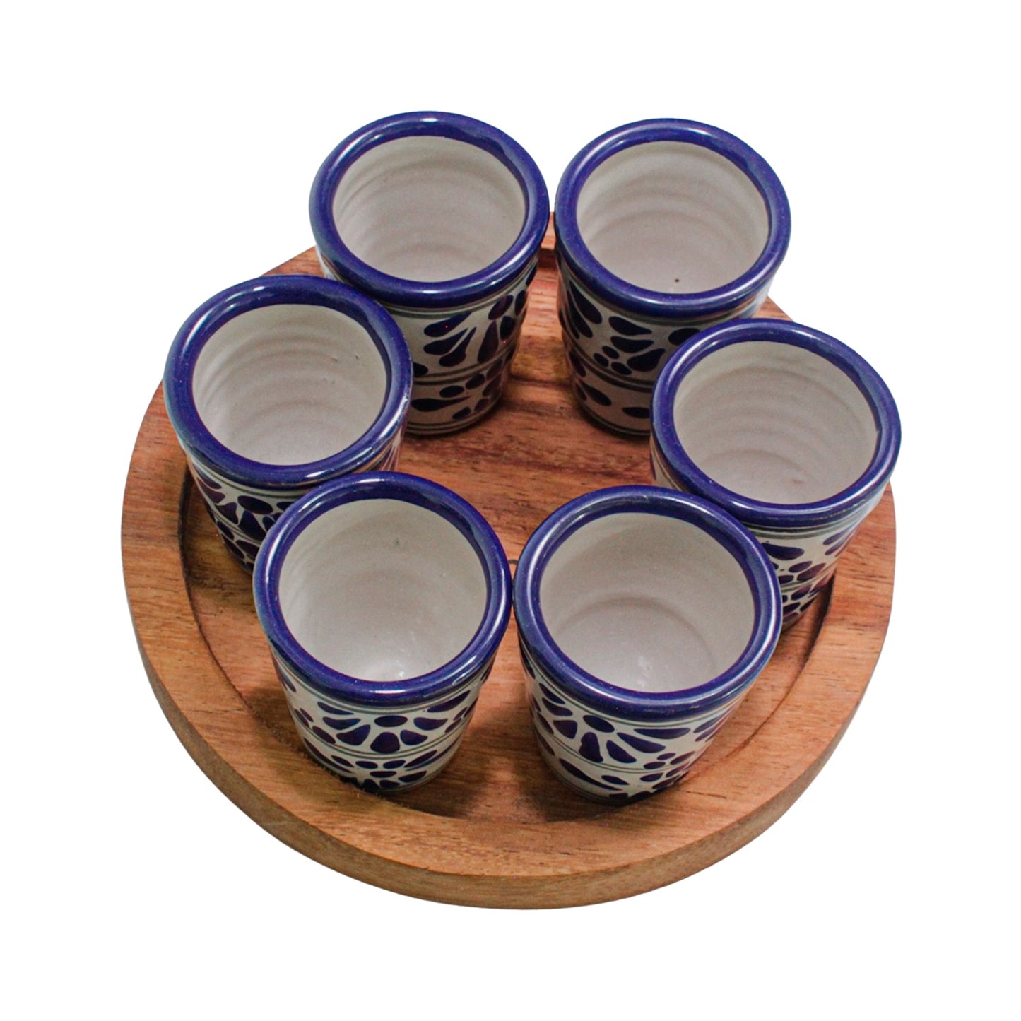 Set de 6 tequileros de talavera con base de madera redonda