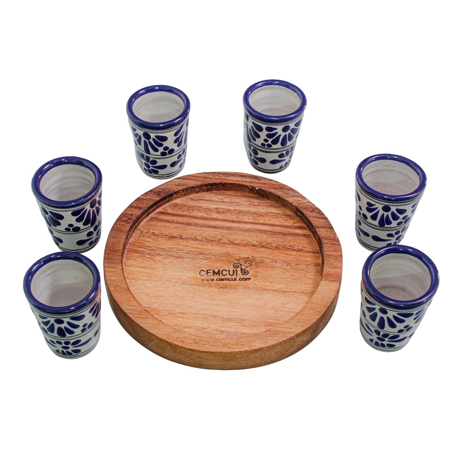 Set de 6 tequileros de talavera con base de madera redonda