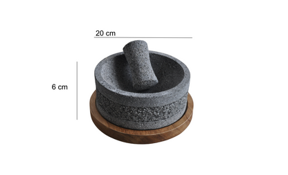 Molcajete Yolia Piedra Volcánica con diseño con base de Madera Parota 20 cm