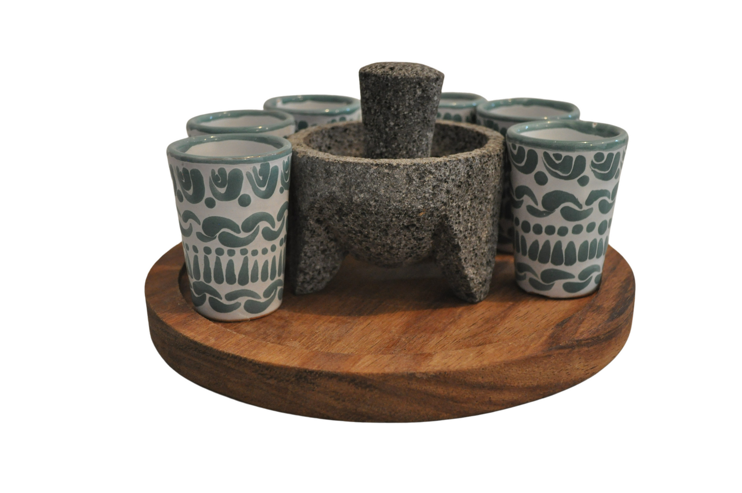 Set de 6 Tequileros Caballitos con Molcajetito y base de madera Parota.