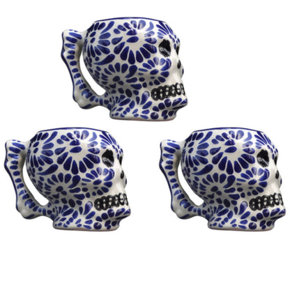 Juego de tres Caballitos de Talavera Poblana con Asas de 250ml/8.4oz Con Diseño de Calavera Mexicano.
