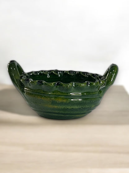 Tazón de Barro Vidriado Verde con Asas