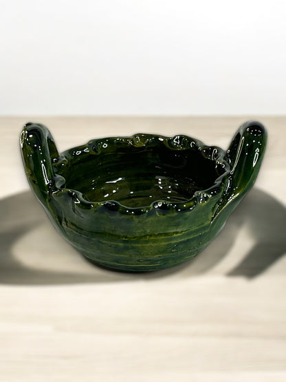 Tazón de Barro Vidriado Verde con Asas