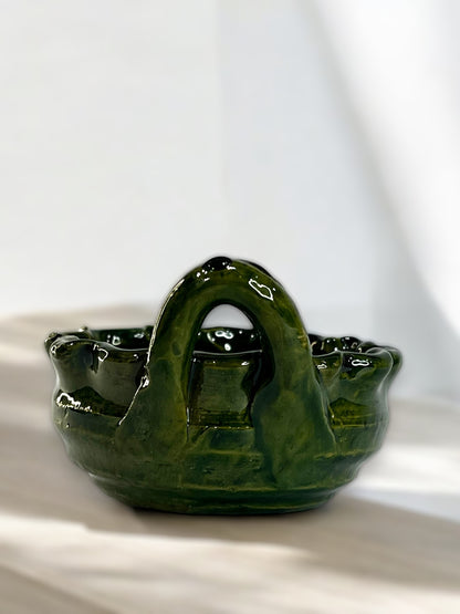 Tazón de Barro Vidriado Verde con Asas
