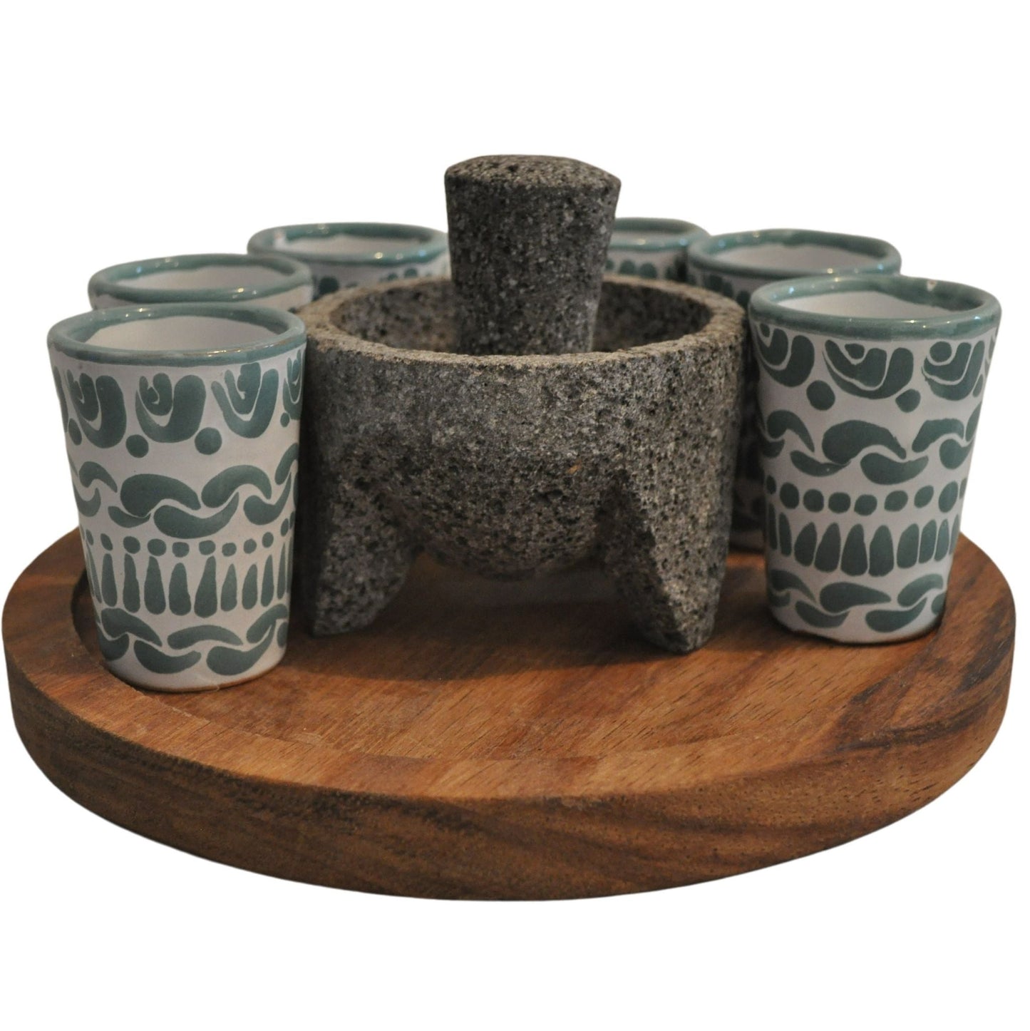 Set de 6 Tequileros Caballitos con Molcajetito y base de madera Parota.