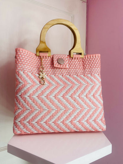 Bolsa artesanal grande con asa de madera (Blanco con rosa)