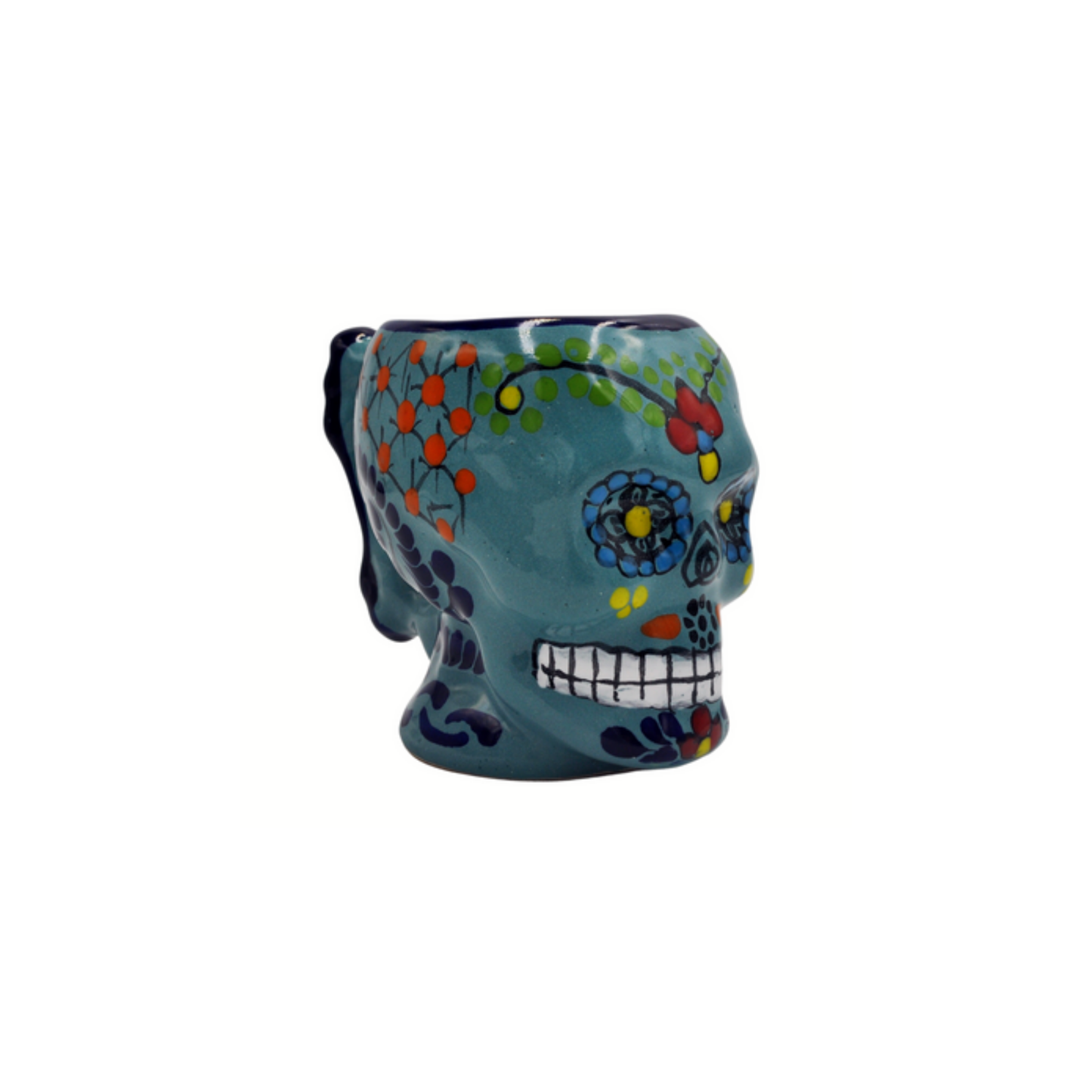 Tarro Taza de Talavera Poblana Mexicano con Diseño de Calavera Azul