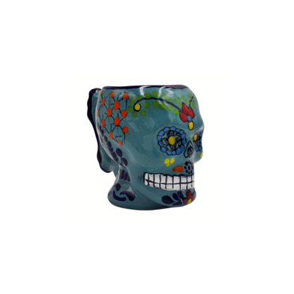 Tarro Taza de Talavera Poblana Mexicano con Diseño de Calavera Azul