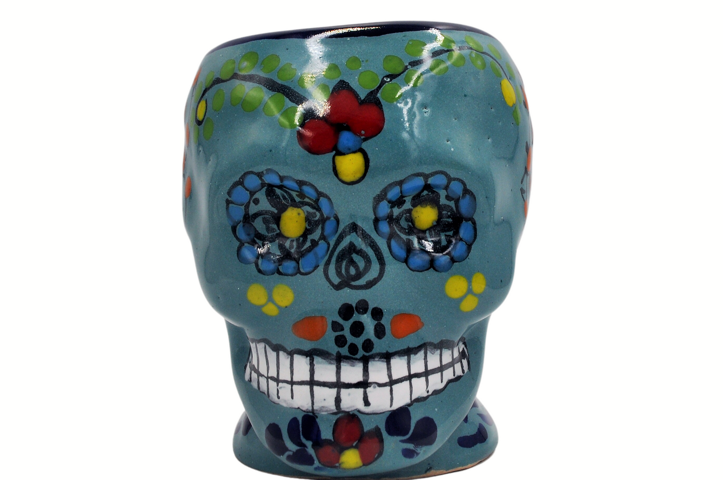 Tarro Taza de Talavera Poblana Mexicano con Diseño de Calavera Azul