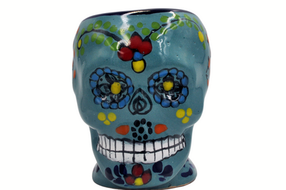 Tarro Taza de Talavera Poblana Mexicano con Diseño de Calavera Azul