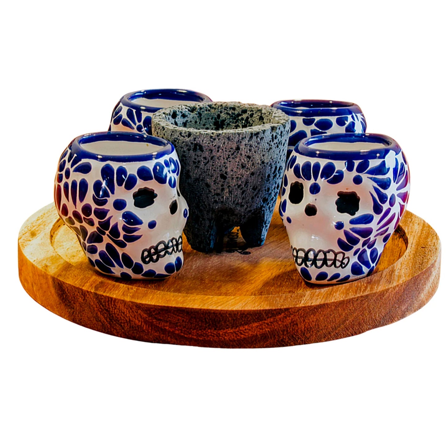Set de 4 Caballitos Tequileros de Talavera con forma de calavera con Molcajete 4 pulgadas y base de madera Parota.