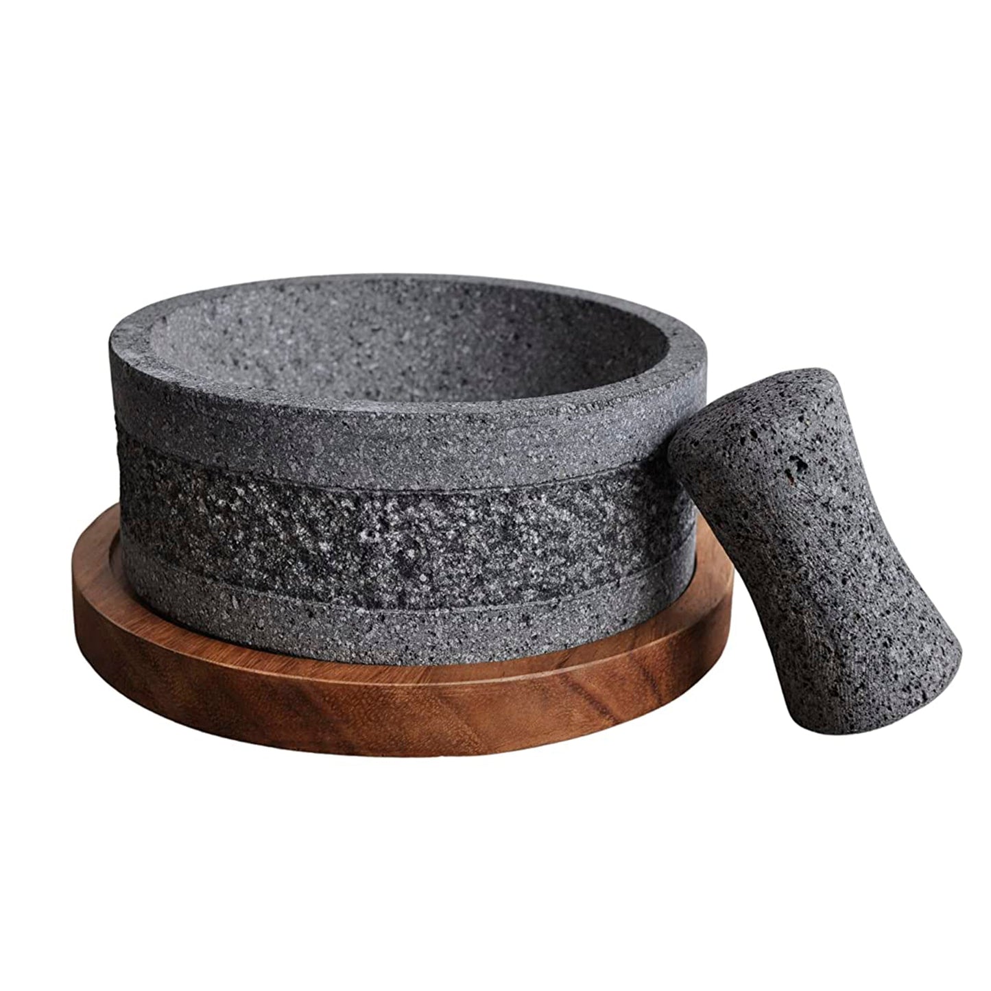 Molcajete Yolia Piedra Volcánica con diseño con base de Madera Parota 20 cm